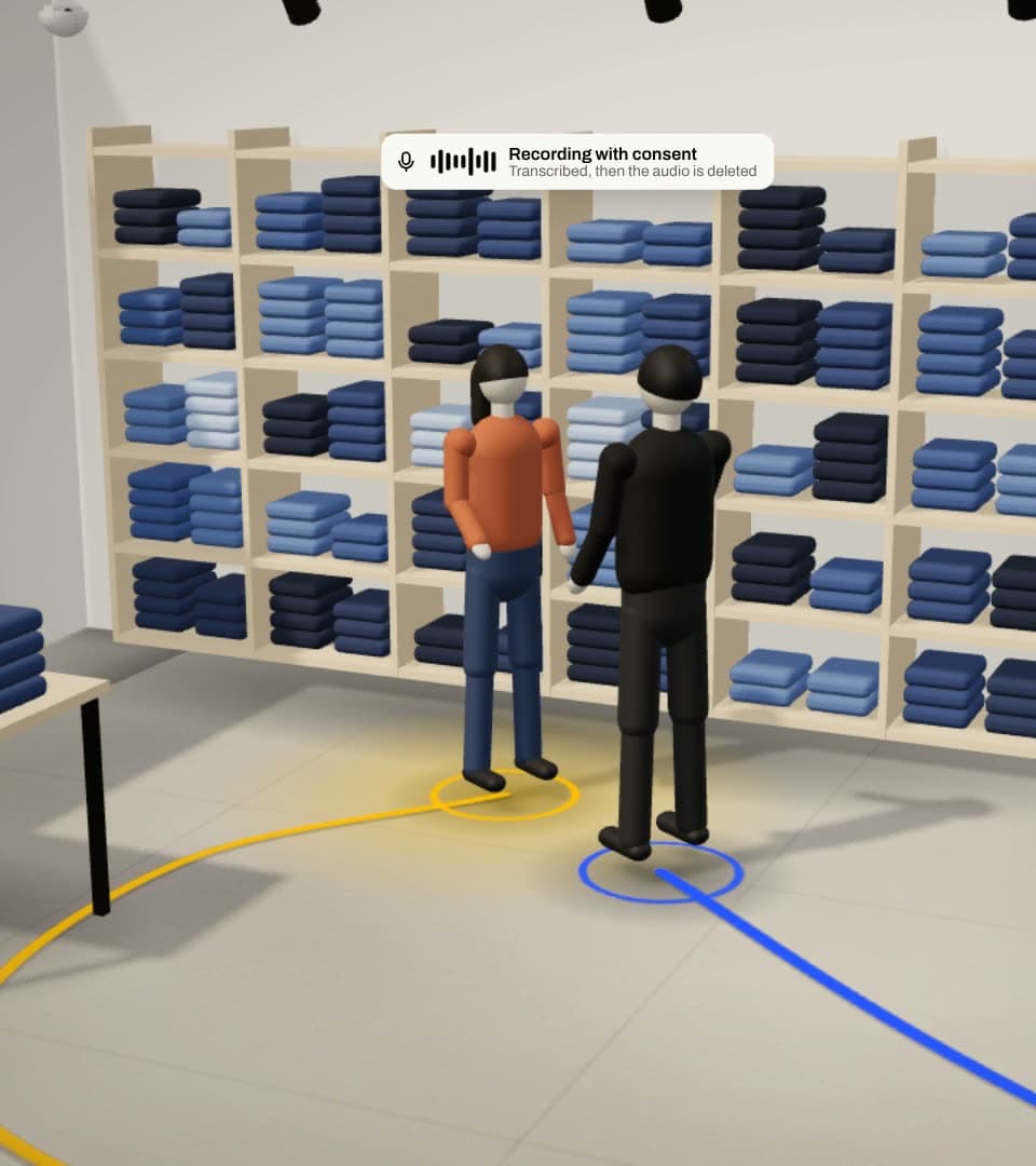 Jordan helping Visitor 3 at the denim wall, a recording-with-consent chip above them